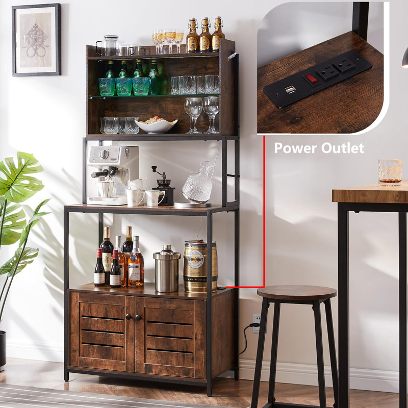 Black Steel 6-Tier Bakers Rack with LED Lights and Power Outlet