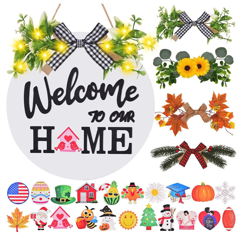 12" Brown Rustic Welcome Home Sign, 4 Wreaths 21 Interchangeable Icons, Front Door Porch Holiday Gift Decor, White