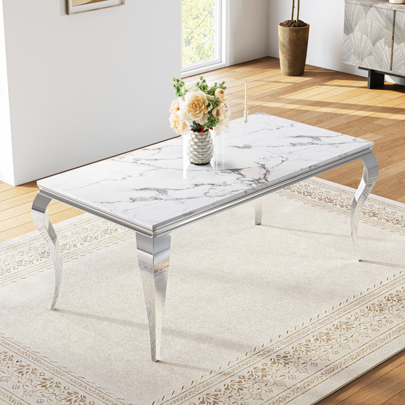 Luxurious Dining Table, 69” Dining Room Table, Rectangular Faux Marble Kitchen Table For Dining Room Family Gatherin, Silver