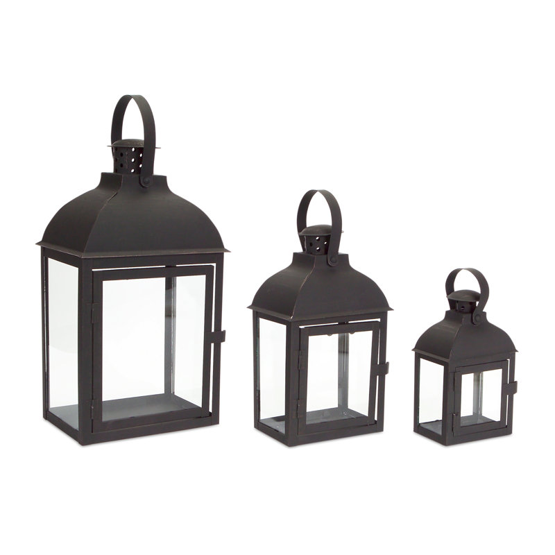 Ensemble de trois porte-bougies de lanterne de plancher en métal et verre transparent et noir