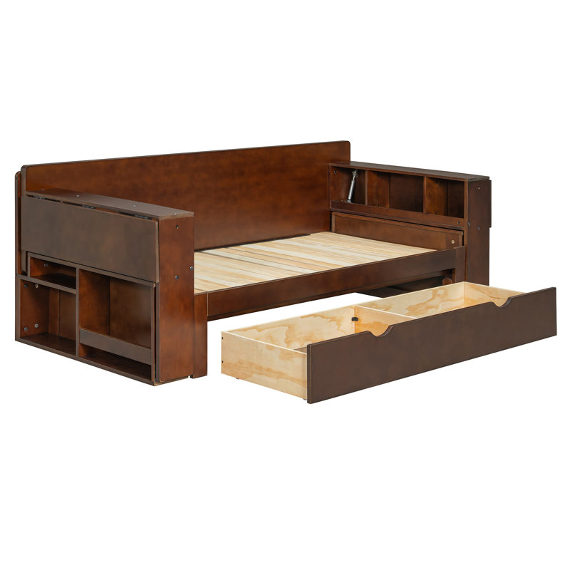 Lit de jour avec rangement et canapé-lit gigogne, bureau convertible et tables d'appoint, Complet/Double, Espresso