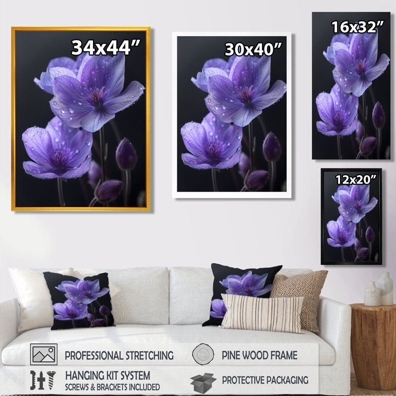 Mono mauve noir Buttercups Moonlit Kiss - Buttercups Wall Art, Toile avec cadre flottant brun, H 44 po x l 34 po x P 1,5 po