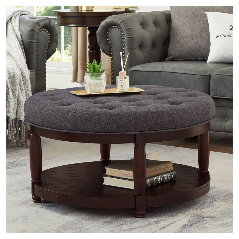 Grande table basse rembourrée capitonnée en lin gris anthracite, Gray, Brown Wood