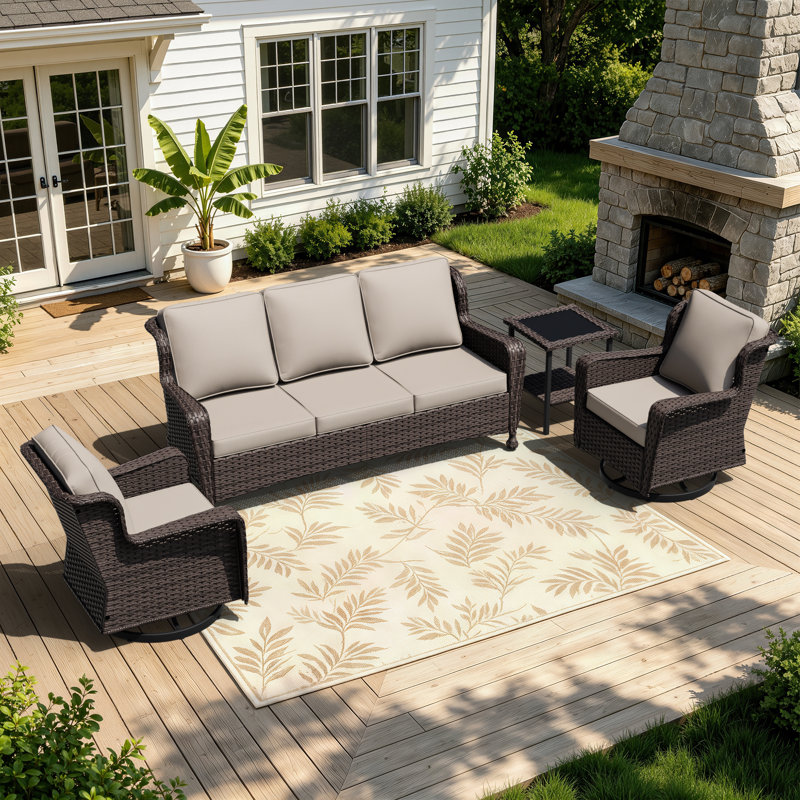 Ensemble de patio extérieur en osier 4 pièces, canapé, 2 chaises pivotantes et table d'appoint, Beige