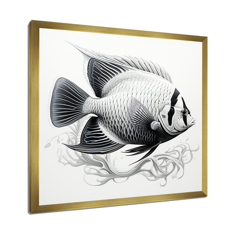 «Black and White Fish Ocean Dance II - Japon», reproduction d'art murale, Cadre doré simple, H 36 po x l 36 po x P 1,5 po