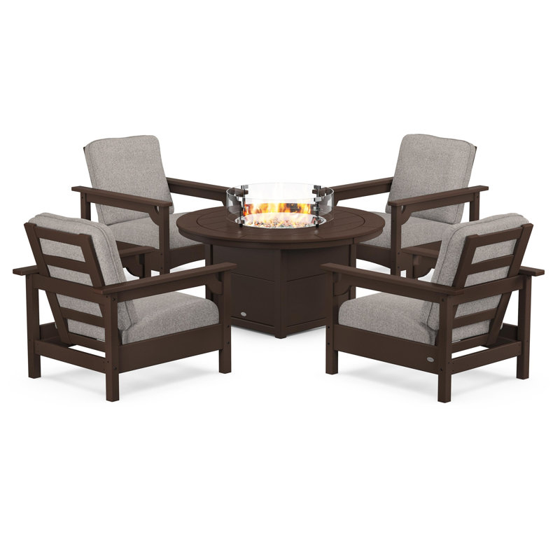 Club 5-Piece Conversation Set with Fire Pit Table, Weathered Tweed, Mahogany