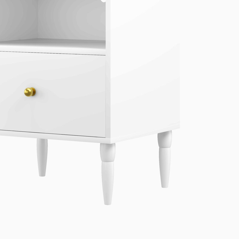 Modern White Nightstand With Drawer And Open Shelf, Bedside Table With Gold Knob, Solid Wood Legs, Small End Table For Bedroom, Living Room