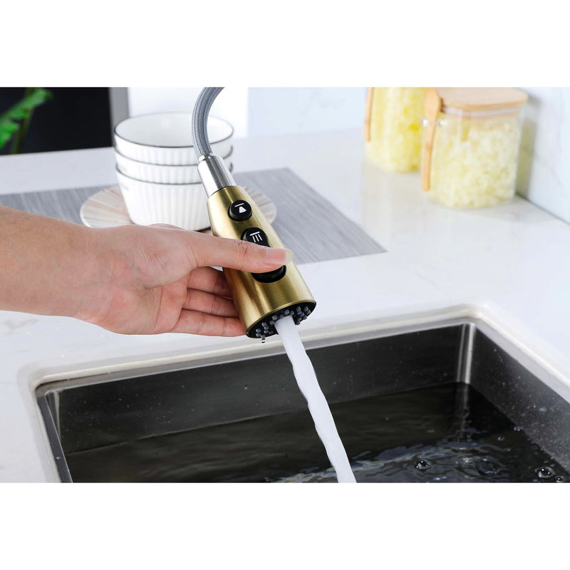 Brushed Gold, Stainless Steel, Single Handle, Kitchen Sink Faucet, Pull Down , 360 Rotating Nozzle, Three Water Output Forms, Easy Flow Regulation, - Corrosion Surface Treatment Stream/Spray/ Modes,