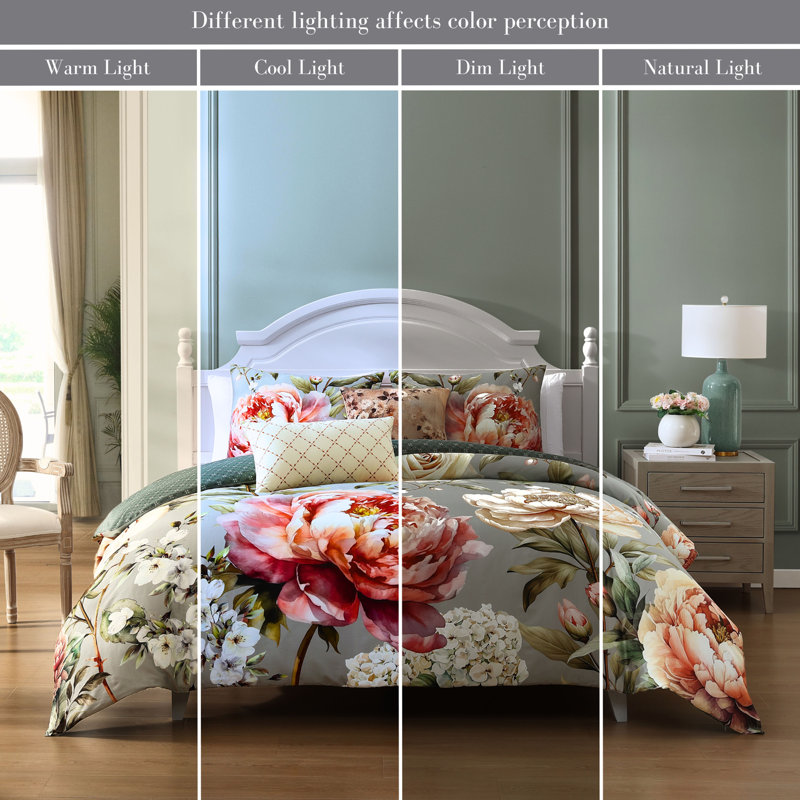 Blush and Sage Floral Queen Cotton Reversible Comforter Set