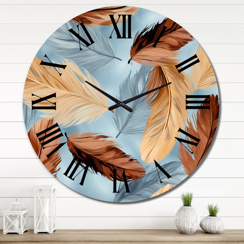 Horloge murale rétro à motif de plumes de bohème bleu et orange II, Très grand