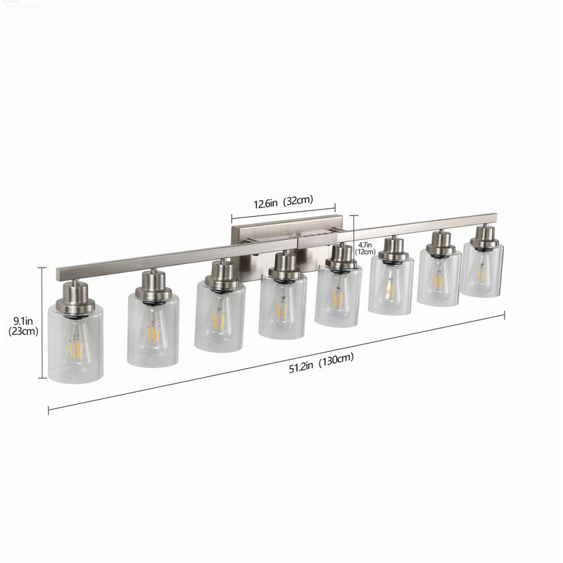 Luminaire de salle de bain classique 8 lumières avec abat-jour cylindrique en verre transparent et nickel satiné à fixation réversible