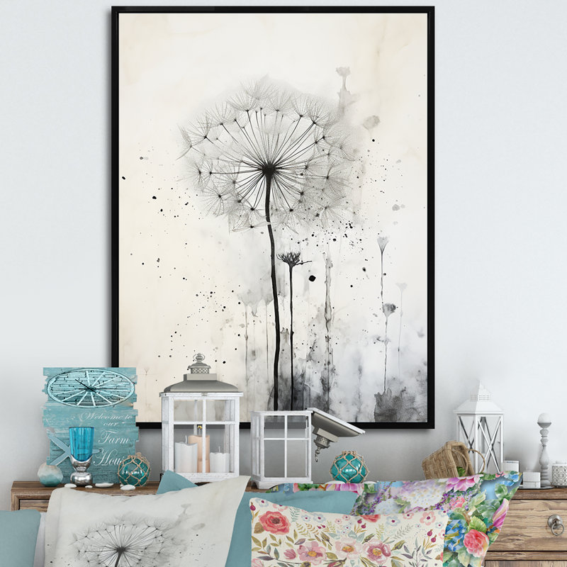 Dandelion Mute Tone I - Pissenlit, art mural, H 32 po x l 24 po x P 1 po, Cadre flottant noir