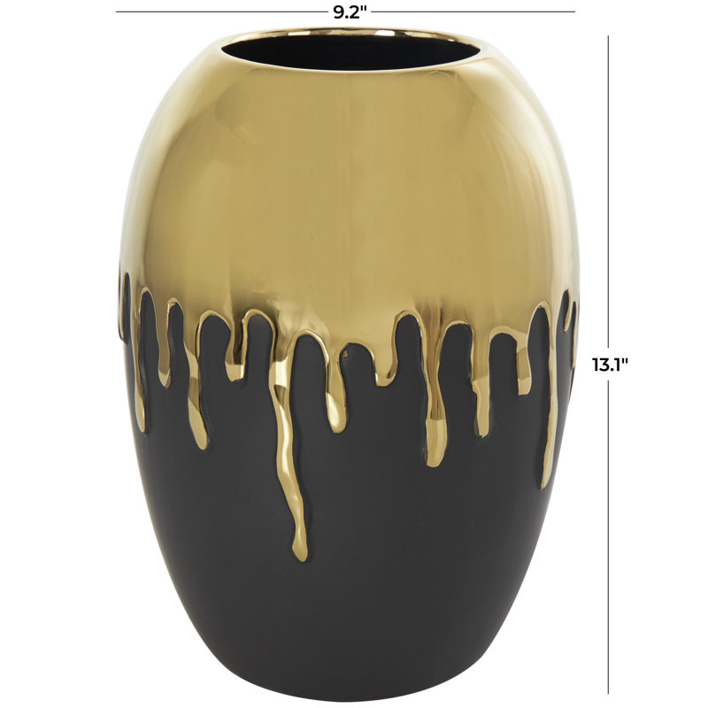 Patrich Ceramic Abstract Decorative Vase with Abstract Gold Melting Drips, 13.1" H x 9.2" W x 9.4" D, Gold/Black