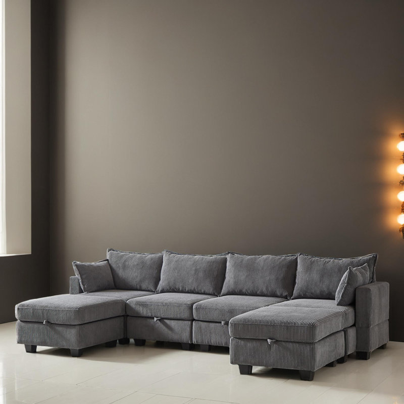 6 - Piece U-Shaped Modular Sectional Sofa Bed Sleeper Couch, Dark Gray Corduroy