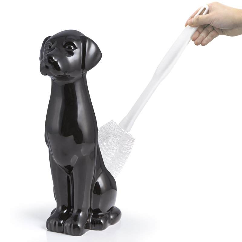 Black Ceramic Labrador Toilet Brush Holder with Plastic Brush