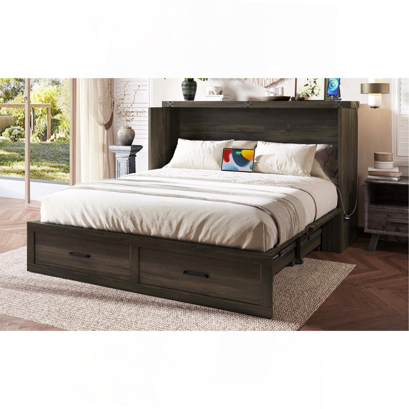 Armoire lit escamotable Murphy avec station de charge Lit plateforme multifonctionnel pliable avec 1 grand tiroir de rangement pour chambre d'amis Petite chambre