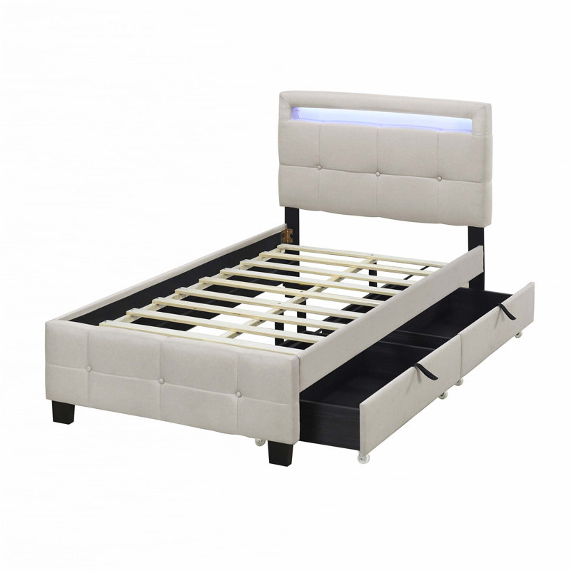 Lit plateforme simple tapissier avec cadre à DEL et 2 tiroirs