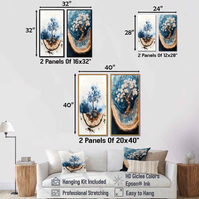 Fleur de cerisier doré, jardin d'hiver, beauté I - Collection d'art floral sur toile 2 pièces, H 32 po x l 33 po