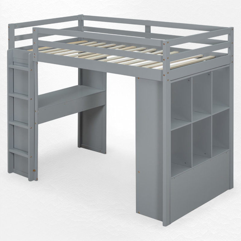Lit mezzanine avec bureau intégré et rangement, Gris, Double