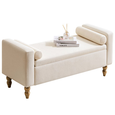 Upholstered Storage Bench with Two Pillows and Arms, Button-Tufted End of Bed Bench for Living Room, Bedroom, Entryway