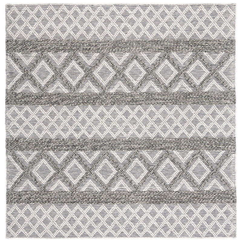 Vermont Hand Woven Wool/Cotton Geometric Rug in Ivory/Dark Gray, Square 6'