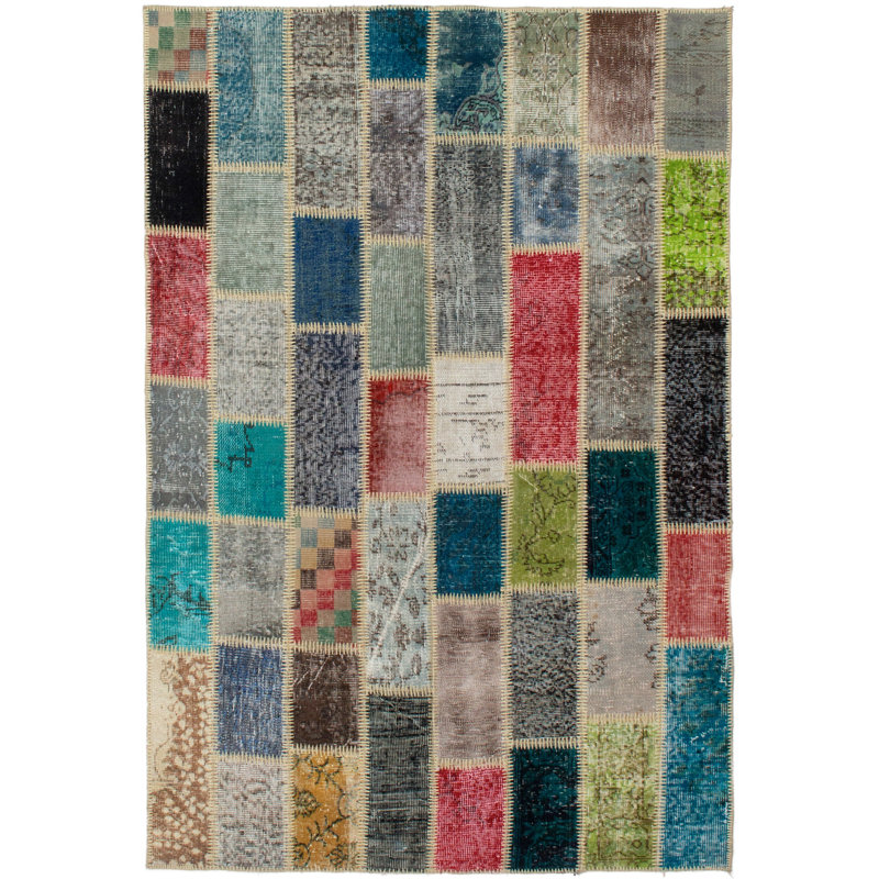 Tapis unique en laine noué à la main style patchwork des années 2010 de 4 pi 7 po x 6 pi 10 po gris / ivoire Arathi
