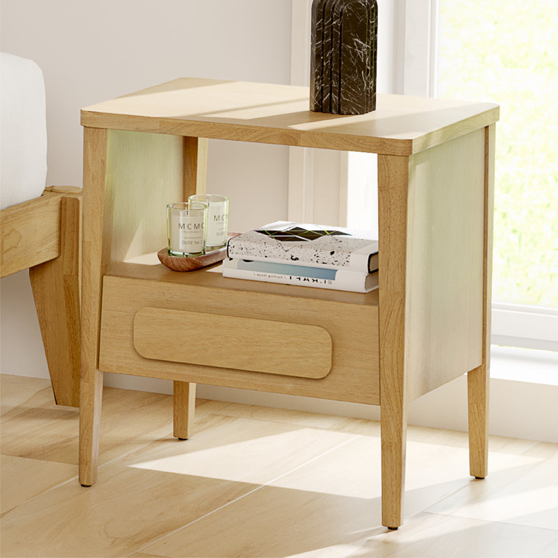 Carruthers Mid Century Modern Solid Wood Nightstand with Open Shelf, Premium Hevea Wooden Bedside Table With Ball Bearing Slide