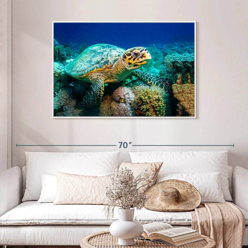 Tortue sous l'eau, 46 po x 31 po, Cadre flottant blanc