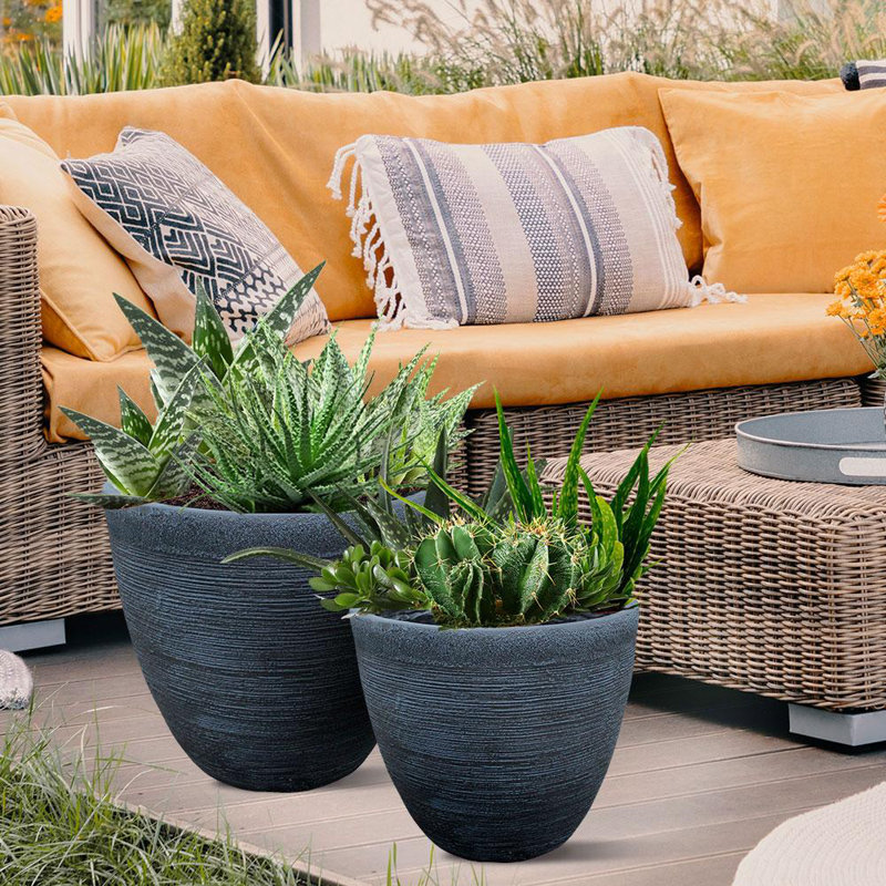 Ribbed Fibreglass Plant Pot, 30cm H x 35cm W x 35cm D, Black
