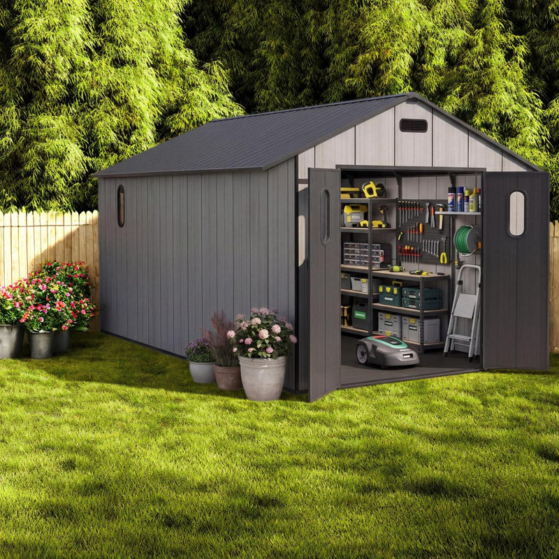 Abri de jardin spacieux de 2,4 x 4,9 m (8 x 16 pi), en résine et acier, de style moderne, idéal pour le rangement dans votre cour arrière.