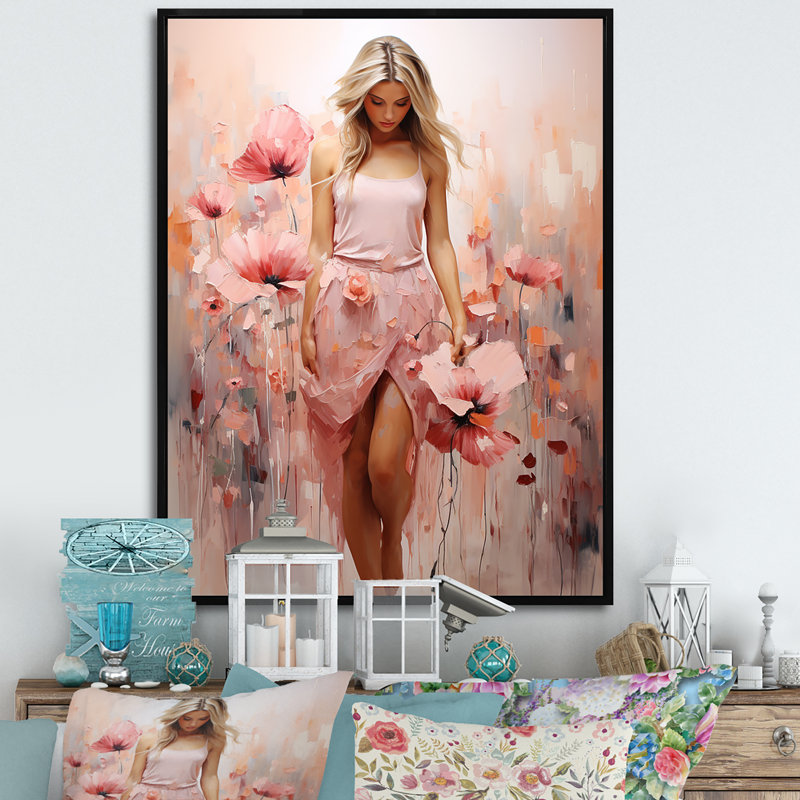 Femme rose en ballet floral - art mural Ballet, Cadre flottant noir, H 44 po x l 34 po x P 1,5 po