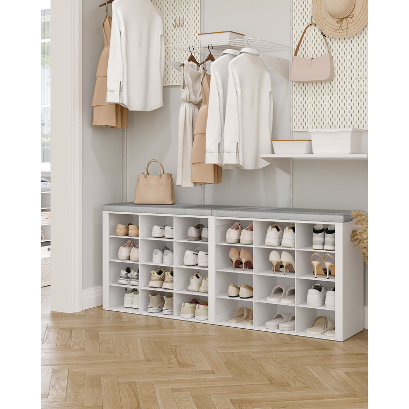 Shoe Storage Bench with Cushion, Entryway Storage Bench with 24 Cubbies, 9.5" Widened Organizer Cabinet, Long Cubby Rack for Living Room, Bedroom, Entryway, White