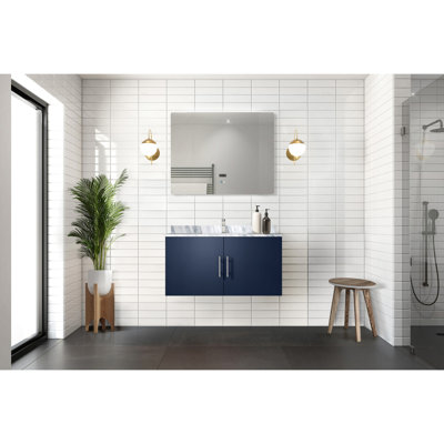 Bleu marine 36 po Meuble-lavabo avec comptoir en marbre, robinet inclus et miroir à DEL - Matériaux de salle de bain fonctionnels durables