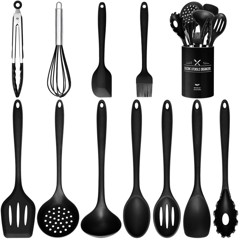 Silicone Kitchen Utensil Set - 12 Piece With Holder,  Black
