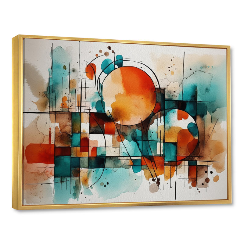 Orange orange géométrique - art mural abstrait géométrique, H 24 po x l 32 po x P 1 po, Cadre flottant doré