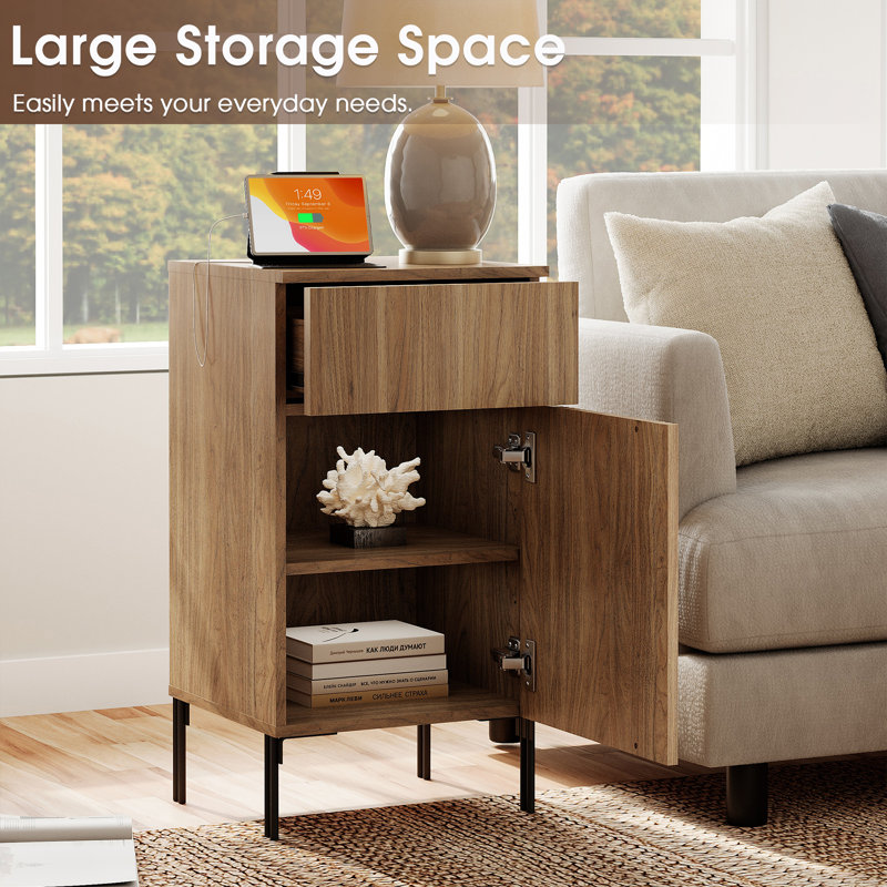 Union Rustic Set Of 2 Reeded End Table With Charging Station, Modern Minimalist Wooden Nightstand With Drawer For Bedroom, Living Room, Sofa Office