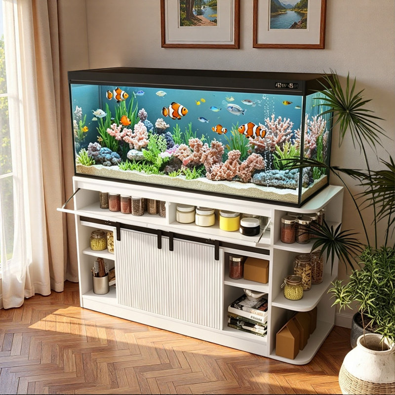 Support d'aquarium avec lumière DEL, prises de courant, portes cannelées coulissantes, 2 tiroirs, 2 grandes armoires et tablettes de rangement