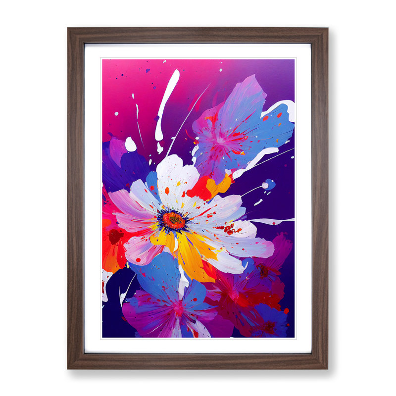 Paint Splash Flowers No.2 - Single Picture Frame Painting, 46cm H x 34cm W x 2cm D, Walnut 