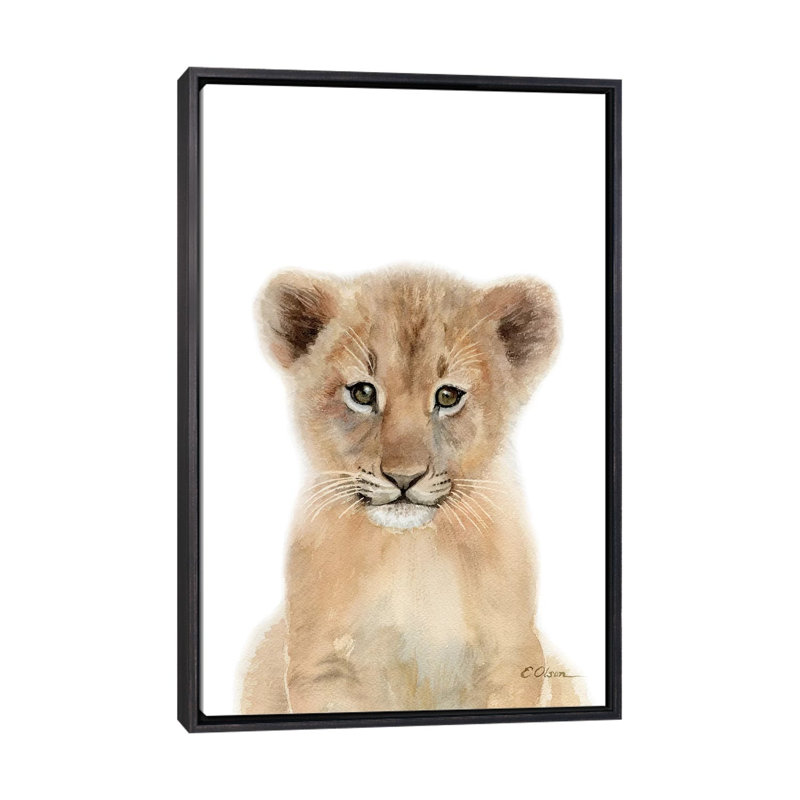 Bébé lionceau - reproduction d'art, H 26 po x l 18 po x 1,5 po, Toile avec cadre noir patiné, Pas de tapis