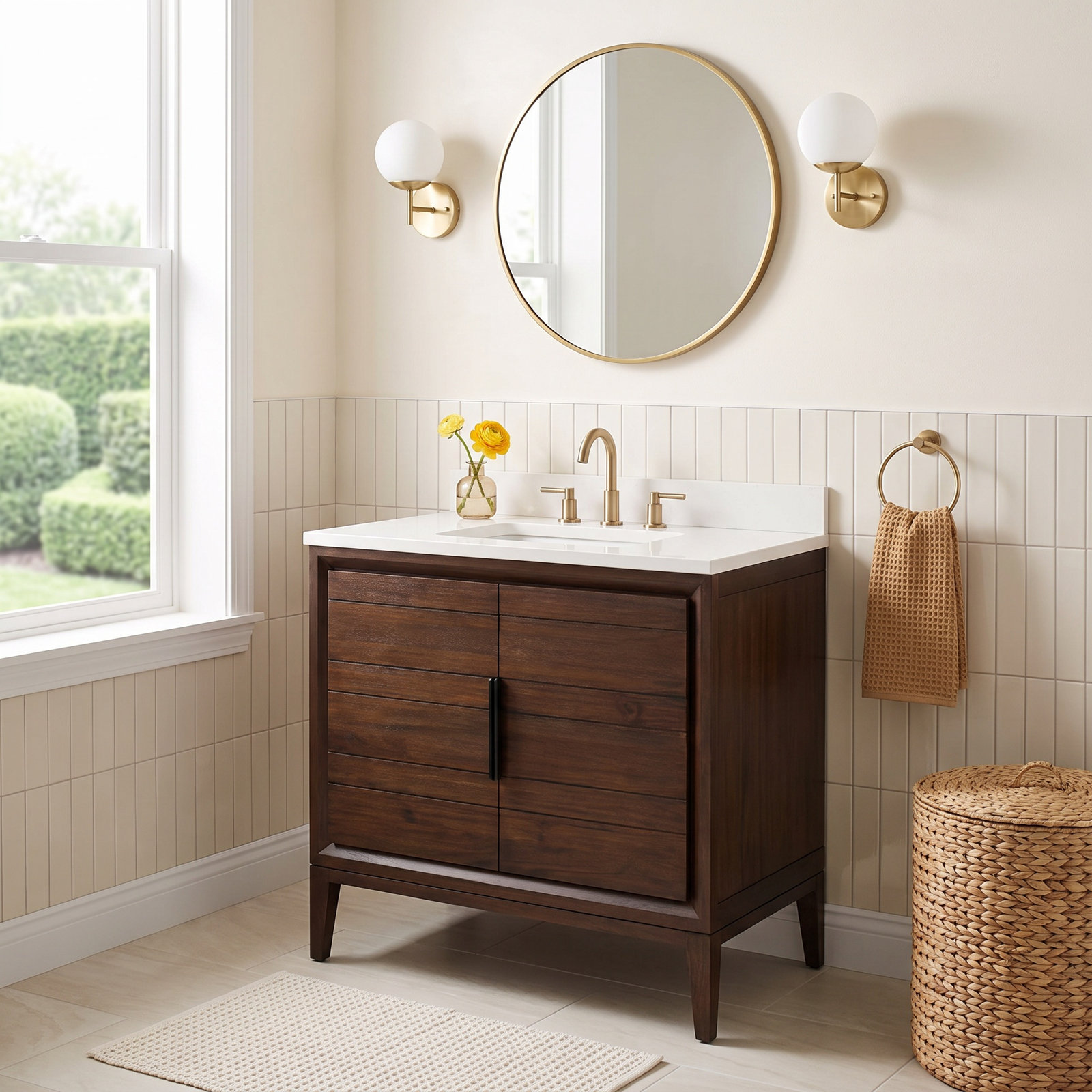 Aliso 36" Carrara Marble Single Bathroom Vanity, Arctic White Quartz, No Faucet Hole, Java
