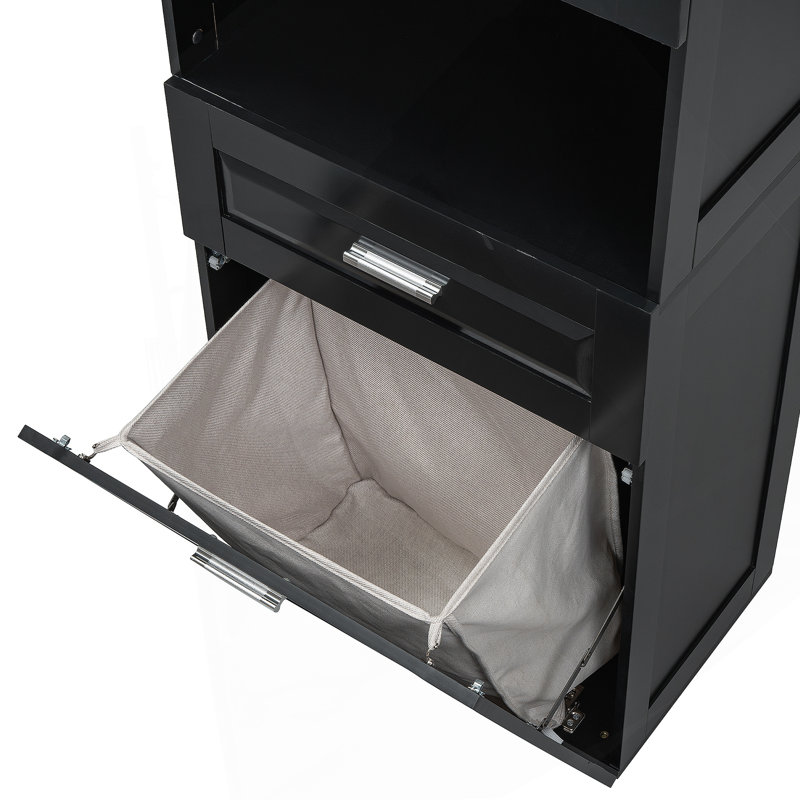 Grande armoire de salle de bain avec panier à linge, grand espace de rangement, Noir