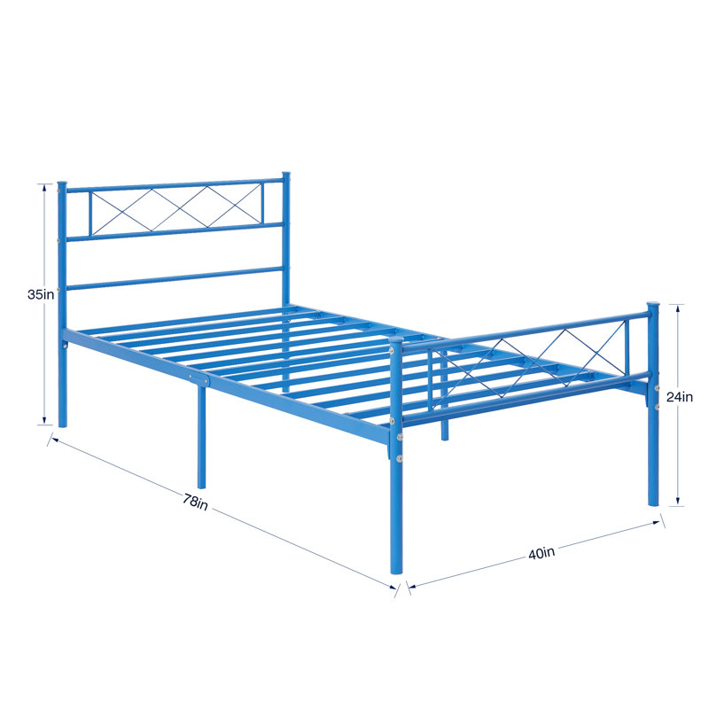 Ensemble de 2 cadres de lit avec tête de lit et pied de lit, ensemble de 2 lits plateforme en métal bleu avec support de lattes robuste, sommier sans bruit, aucun sommier nécessaire pour une chambre d'enfant, une chambre d'amis ou un dortoir