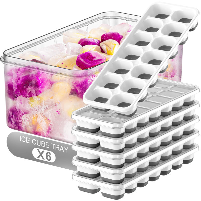 Ice Cube Tray, 6 Pack Stackable Silicone Rectangular 14-Ice Cube Tray Set With Lid & Bin, BPA-Free Sturdy Reusable Freezer Ice Trays For Drinks, Cocktails & Coffee - Easy Release(Grey)