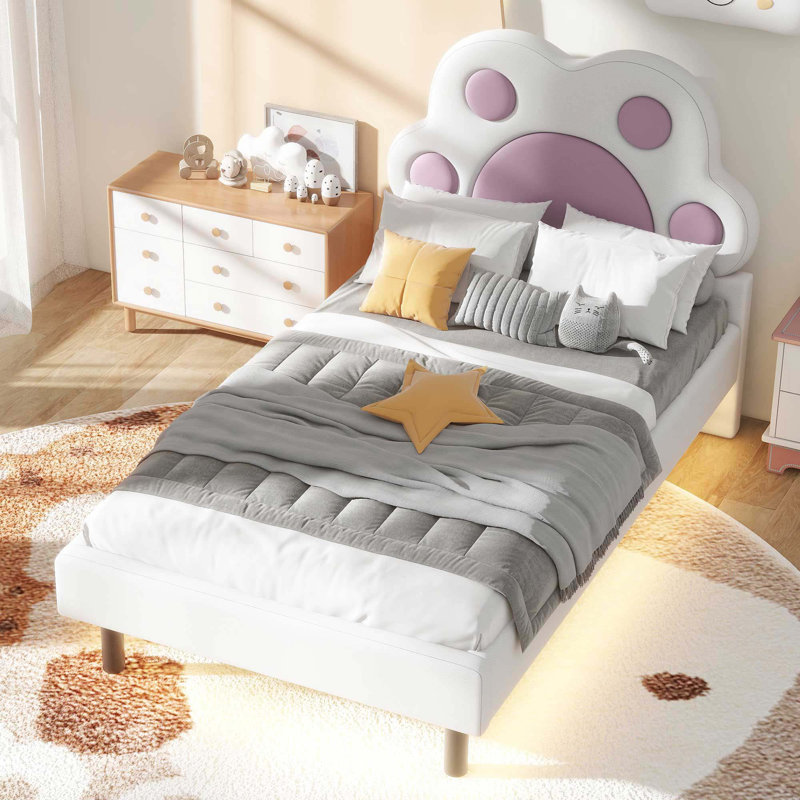 Lit plateforme simple tapissier avec tête de lit en forme de patte d'animal et DEL, rose