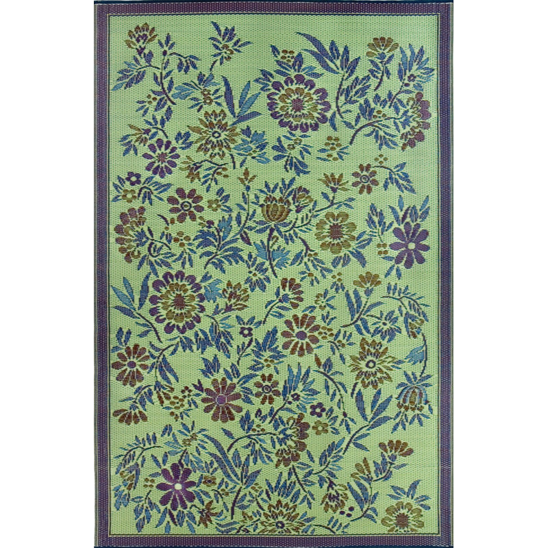 Eggplant and Green Reversible Floral Outdoor Rug, 4' x 6'