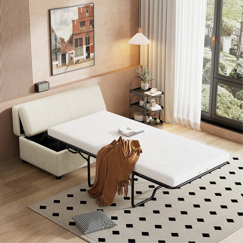 Lit simple escamotable avec repose-pieds et matelas, lit d'invité convertible, blanc