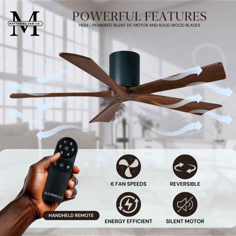 60" Irene 5-Blade Hugger Ceiling Fan with Wall Remote, 60", Matte Black, Walnut Tone