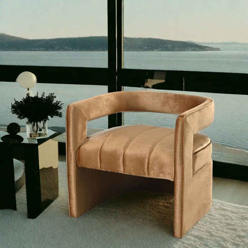 Modern Velvet Accent Chair with Ribbed Detail | Luxury Curved Fully Upholstered Decorative Seating, Brown Velvet
