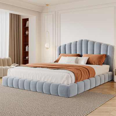 Tête de lit en velours rembourré avec cadre de lit et tête de lit en forme de coquillage pour la chambre à coucher, aucun sommier nécessaire