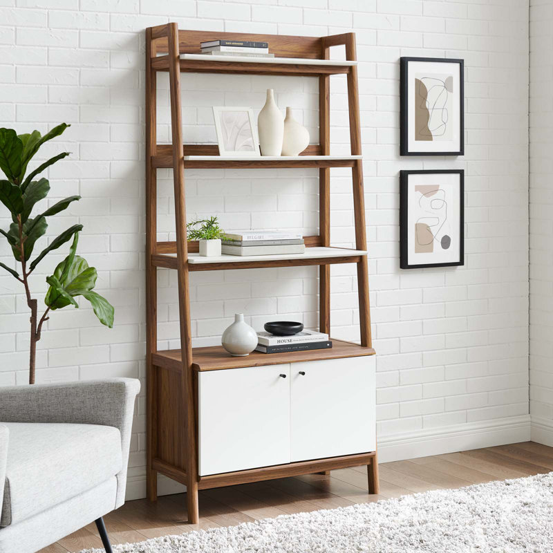 Walnut White 71" Tall Ladder Bookshelf with Concealed Storage